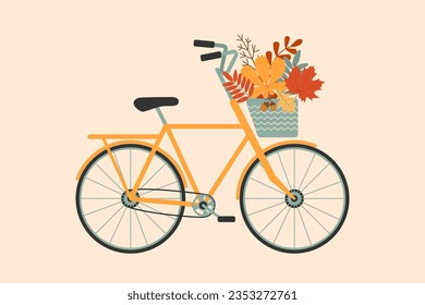 Beautiful retro bike with basket of autumn leaves of maple, mountain ash, oak, chestnut. Vintage autumn postcard, poster. Autumn nature vintage journey concept. Romance. Flat vector illustration