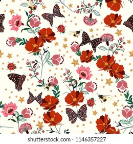 Beautiful retro blooming flowers with insect,bees,butterfly,ladybug,with vintage stars seamless pattern vector repeat for fashion ,fabric and all prints on white background color