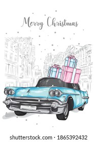 Beautiful retro car and Christmas gifts. Vector illustration for a postcard or poster.