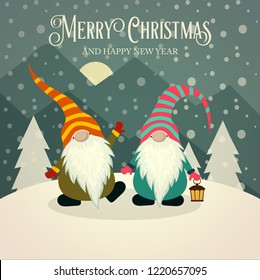 Beautiful retro Christmas card with gnomes. Flat design. Vector