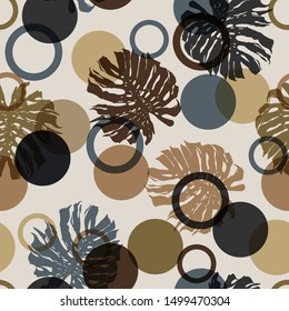 Beautiful retro circle and round geometric shape mixed with tropical monstera exotic leaves in retro mood design for fashion , fabric, web ,wallpaper, and all prints on light beige background color 