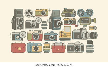 Beautiful retro collection displays various vintage photographic cameras, movie reels, lenses, and camera bags on cream.