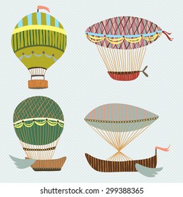 Beautiful retro colorful  background with set of flying balloons and airships. Cartoon fantasy vector illustration. Can be used for wallpapers, pattern fills, web page backgrounds,surface textures.