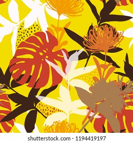 Beautiful retro Colorful and bright summer Silhouette Abstract seamless pattern with leaves and flowers Background with botanic  vector on modern style on yellow