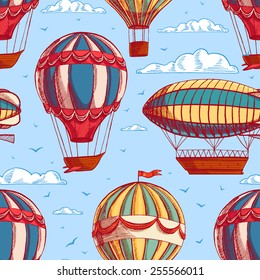 beautiful retro colorful seamless background with balloons and airships flying to cloudy sky