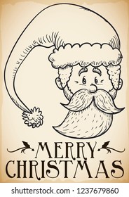 Beautiful retro design with Santa Claus head and hat in hand drawn style and greeting message for Christmas celebration.