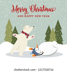 Beautiful retro flat design Christmas card with snowman and polar bear skating on ice . Christmas poster. Vector