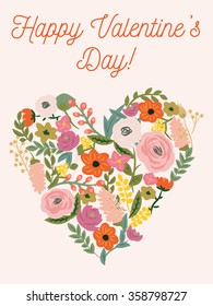 Beautiful Retro Floral Card For Valentines Day. Cute Flat Vector Graphics