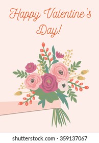 Beautiful retro floral card for Valentines Day. Cute flat vector hand with bouquet of flowers