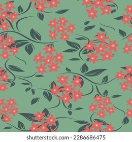 Beautiful retro floral pattern in small flowers, Small red flowers and on green background, vector floral seamless background. Elegant for fashion prints.wallpaper, background and more.
