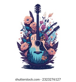 Beautiful retro flower guitar illustration 