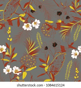 Beautiful retro forest blooming garden outline and hand painting flowers many kind of floral in seamless pattern vector illustration on  grey  background