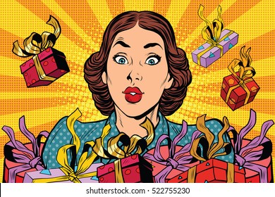 Beautiful retro girl and holiday sales. Pop art vector illustration