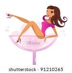 Beautiful retro girl in pink Martini glass isolated on white