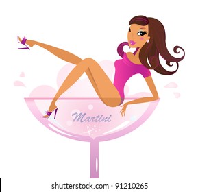 Beautiful Retro Girl In Pink Martini Glass Isolated On White