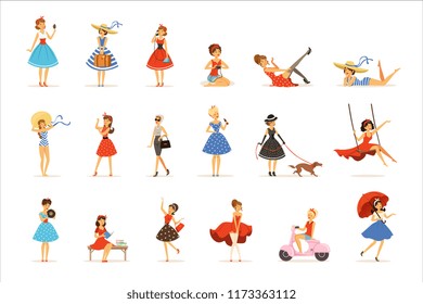 Beautiful retro girls characters set, young women wearing dresses in retro style colorful vector Illustrations