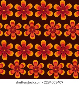 Beautiful Retro Groovy flowers pattern in orange , red and burgundy on dark background. For textile, fabric and wrapping paper.