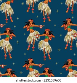 Beautiful Retro Hand drawn Hawaiian girl dance seamless pattern vector illustration , Design for fashion , fabric, textile, wallpaper, cover, web , wrapping and all prints 
