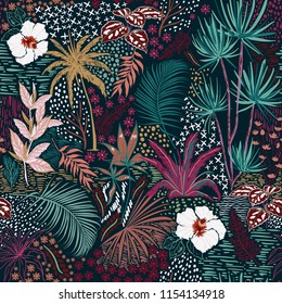 Beautiful Retro hand sketch seamless tropical dark summer forest pattern with colorful palm trees,leaves,exotic wild and plants vector in hand drawn style,for fashion ,fabric and all print 