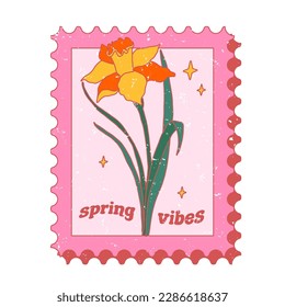 Beautiful retro hand-drawn post stamp with Daffodils. Spring vibes greeting card.