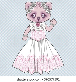 Beautiful retro kitty bride in white lace dress with a wreath of roses. Postcard, banner, invitation to the wedding. Pastel colors.