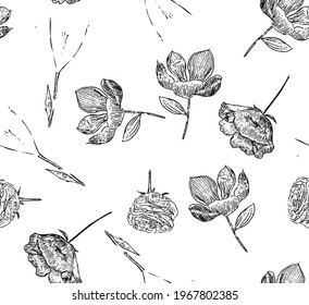 Beautiful retro, linear, lines brushed flowers Abstract seamless pattern with leaves and floral Background vector on modern style. Monochrome black and white Vintage for textile, textile, fabric, wrap