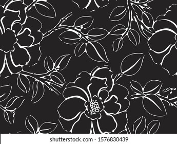 Beautiful retro , linear, lines roses  flowers Abstract seamless pattern with leaves and floral Background vector on modern style. Monochrome black and white Vintage for textile, textile, fabric, wrap