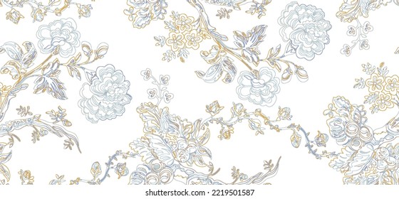 Beautiful retro , linear, lines roses flowers Abstract seamless pattern with leaves and floral Background vector on modern style. Monochrome foggy colors Vintage for textile, textile, fabric, wrap - Shutterstock ID 2219501587