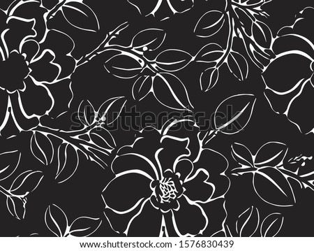 Beautiful retro , linear, lines roses  flowers Abstract seamless pattern with leaves and floral Background vector on modern style. Monochrome black and white Vintage for textile, textile, fabric, wrap