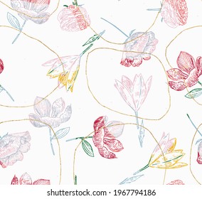 Beautiful retro linear, lines wild flowers Abstract seamless pattern with leaves and floral Background vector on modern style. Colored  Vintage for textile, textile, fabric, wrap