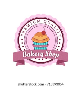 Beautiful retro logo bakery shop. Cupcake emblem with lettering "Bakery shop" and "Premium quality"