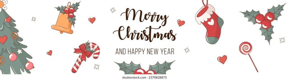 Beautiful Retro Merry Christmas and Happy New year hand drawn banner with Christmas tree, candies, holly, bell, candle, hearts, snowflakes and stars. Vector cartoon design for header of website.