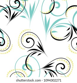 Beautiful retro pattern of black and blue curls on a white background.