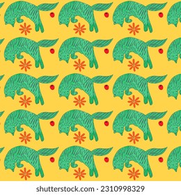 schöne Retro-Musterkatze mit Tigerhaut.Kreative, handgezeichnete Modestruktur für Gewebe, Textilien, Tapeten, Bekleidung, Schal, Druck, Dekoration.