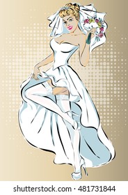 Beautiful retro pin up bride in wedding dress vector illustration