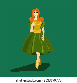 Beautiful retro red haired girl in green and yellow dress