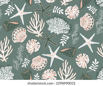 Beautiful Retro Seamless Marine Life Pattern Vector Seastar , Seashell , Corals , Seaweed Coral Shells vector Illustration ,Design for fashion , fabric, textile, wallpaper, wrapping and all prints 