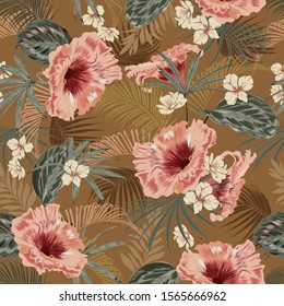 Beautiful retro seamless pattern wallpaper of tropical vintage mood leaves of palm trees and exotic of flowers design for fashion,fabric,web,wallpeper,and all prints on light beige background color.