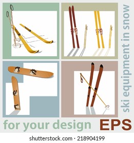 Beautiful retro set for your design, ski old equipment in the snow