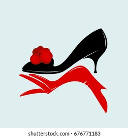 Beautiful retro shoe with decorative flower presented by a woman hand with red leather glove.Vector fashion icon.