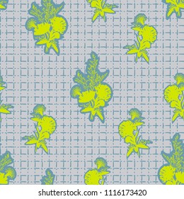 Beautiful retro silhouette blooming flowers on hand drawn grid check seamless pattern vector for fashion fabric and every prints on light grey color background