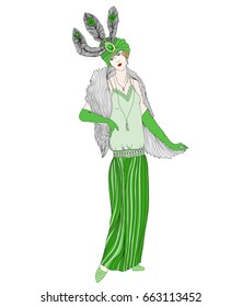 Beautiful retro style woman. Vector illustration. Vintage girl with feathers on her hat. Adult anti-stress coloring