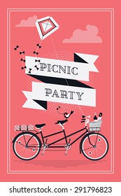 Beautiful retro styled poster or invitation template on picnic party with beautiful tandem bicycle, little bird and kite in the sky 