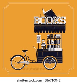 Beautiful retro vector books stand. Bicycle trailer portable book shop stand decorative concept illustration. Mobile library on bicycle