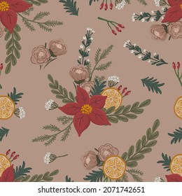 Beautiful retro vector Christmas seamless pattern with poinsettia