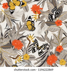 Beautiful retro vector seamless artistic tropical pattern with exotic forest. Original stylish floral background print,design for fashion,fabric and all prints , bright rainbow colors on light grey