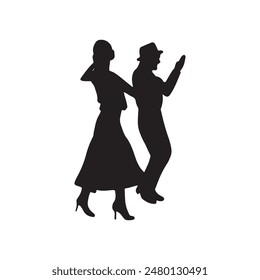 Beautiful retro vintage couple dancing salsa on festival in black isolated on white background. Hand drawn vector silhouette illustration. Dancing classes, retro theater performance show