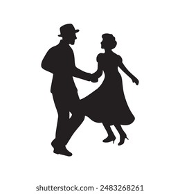 Beautiful retro vintage couple dancing salsa on festival in black isolated on white background. Hand drawn vector silhouette illustration. Dancing classes, retro theater performance show