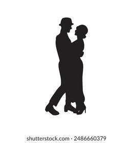 Beautiful retro vintage couple dancing salsa on festival in black isolated on white background. Hand drawn vector silhouette illustration. Dancing classes, retro theater performance show