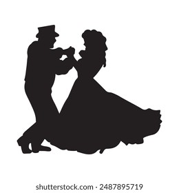 Beautiful retro vintage couple dancing salsa on festival in black isolated on white background. Hand drawn vector silhouette illustration. Dancing classes, retro theater performance show.